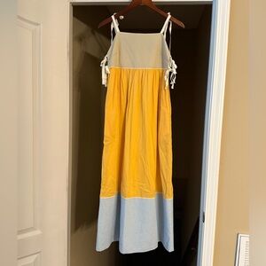 Tory Burch Colorblock Maxi Dress in Jackfruit, Natural Khaki and Blue Mist, XS.
